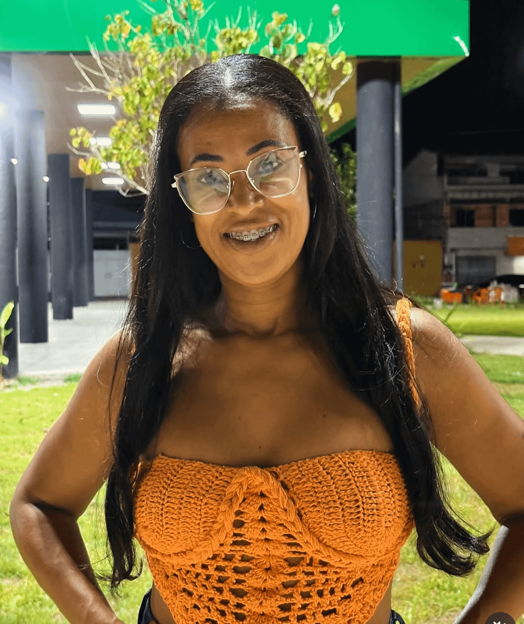 Gas Station Night Portrait Orange Crochet Top