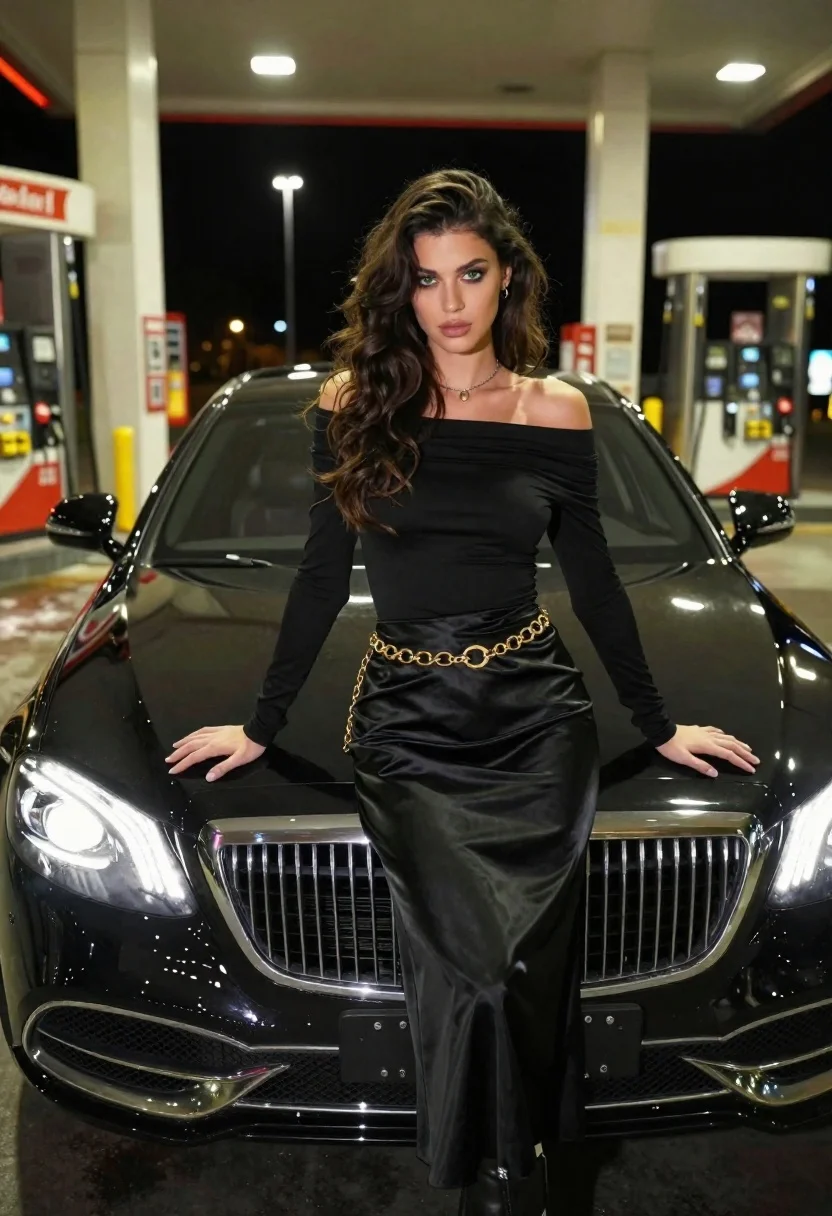 A confident woman stands gracefully in front of a black luxury sedan at a gas station, illuminated by the car's headlights.