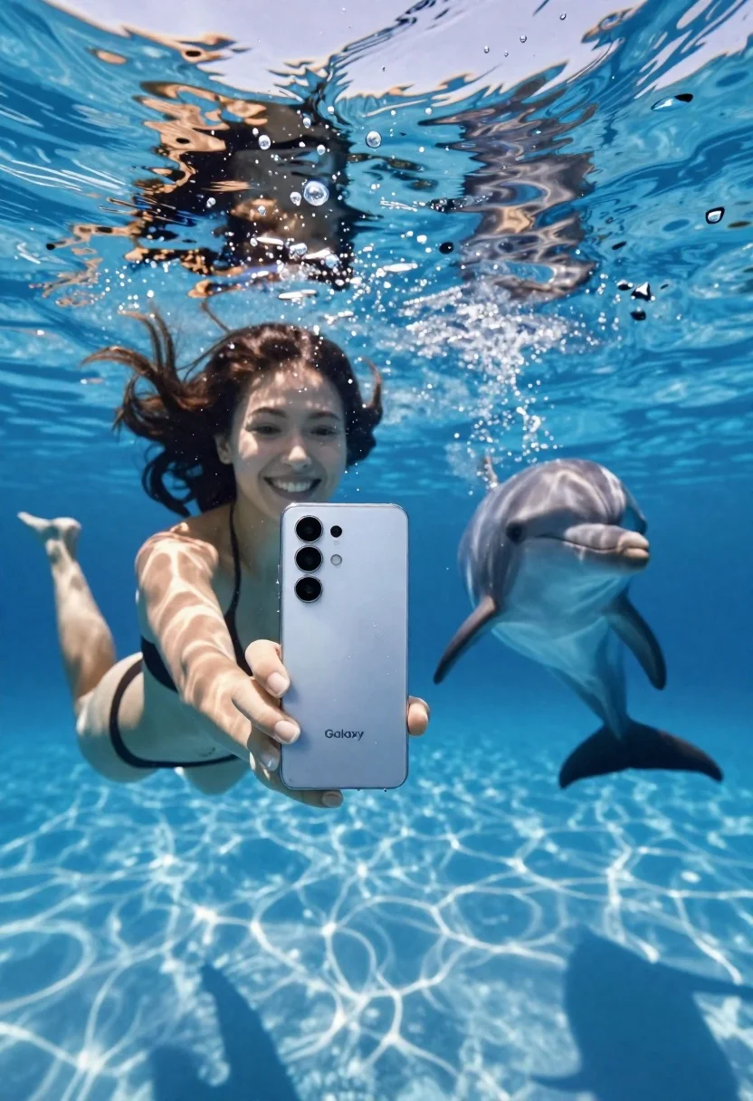 Woman Underwater Holding Smartphone Take Selfie With Dolphin Swimming Nearby