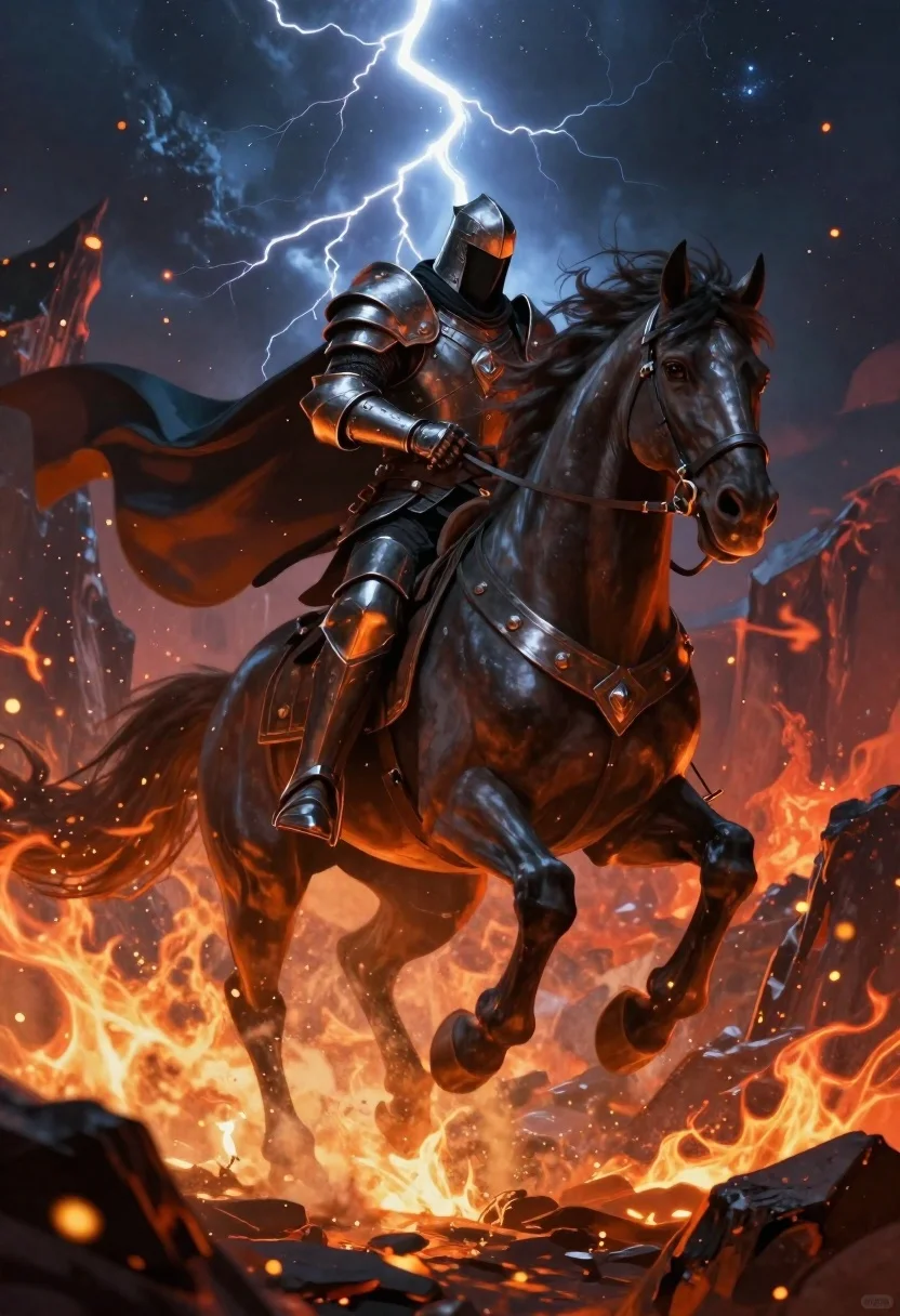 Digital Painting Dark Knight Riding Warhorse Through Fiery Chasm Under reference photo