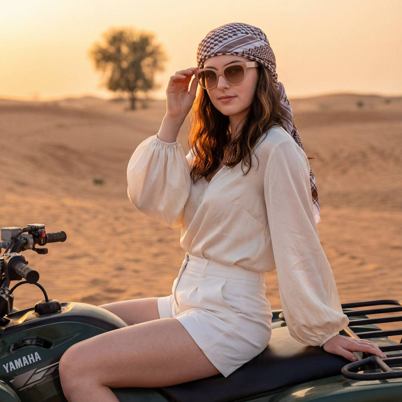 A woman with long illuminated hair sits sideways on a dark green Yamaha ATV in the desert, wearing a flowing ivory blouse and high-waisted shorts.