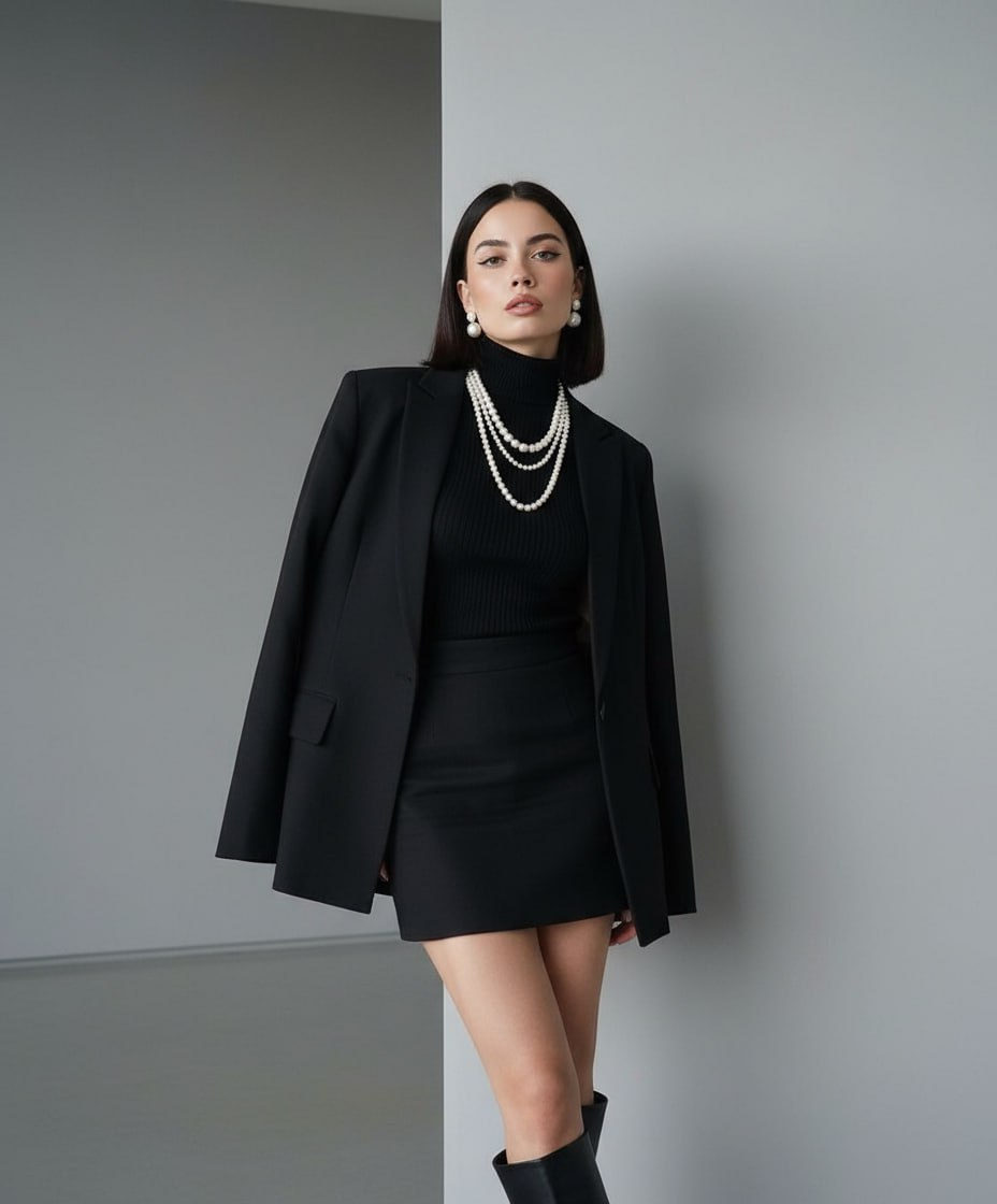 A woman poses confidently in a minimalist room, dressed in a fitted turtleneck and caped blazer, enhanced by natural lighting.