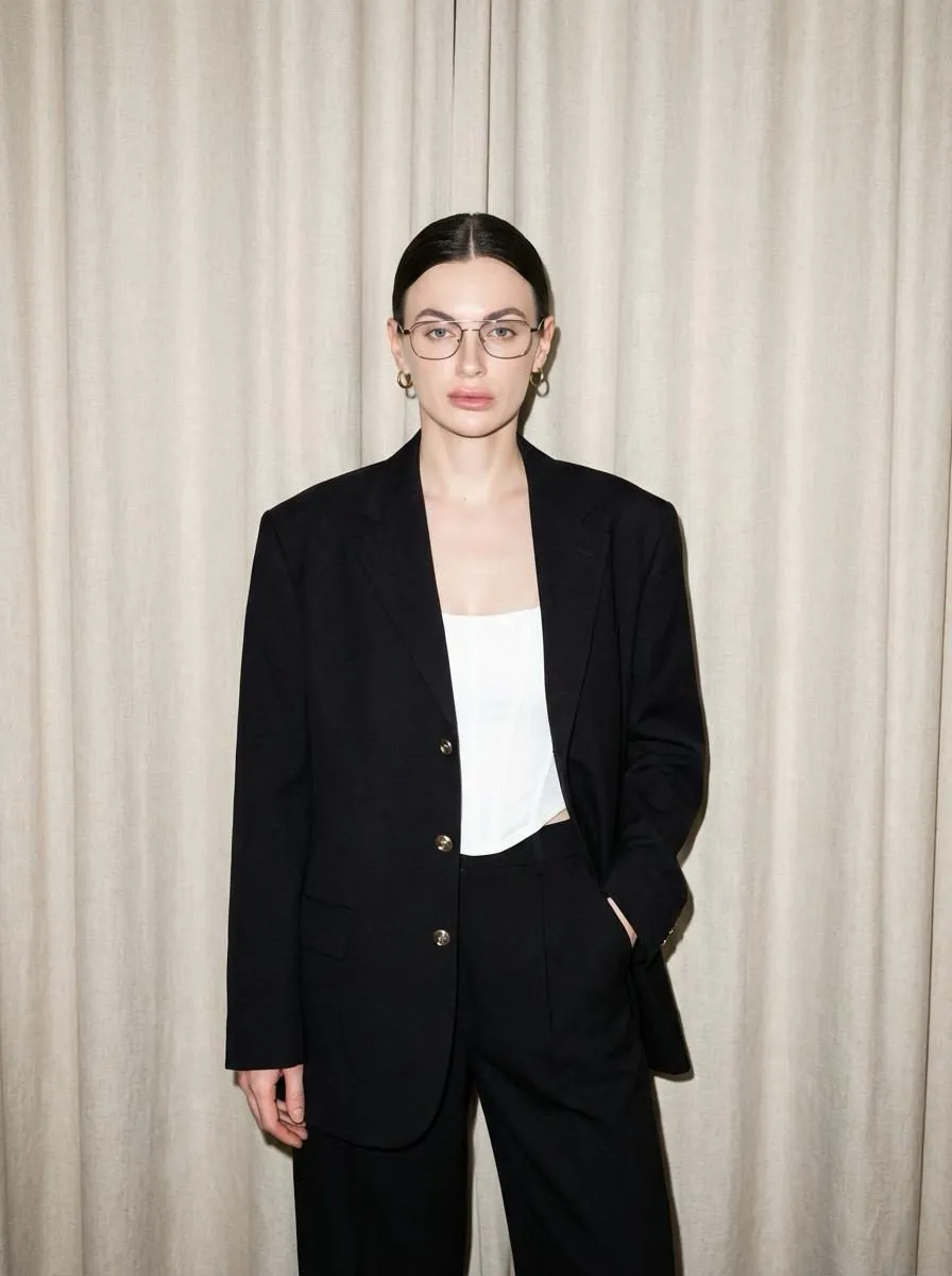 Glasses Makeup And Earrings In Black Jacket Portrait