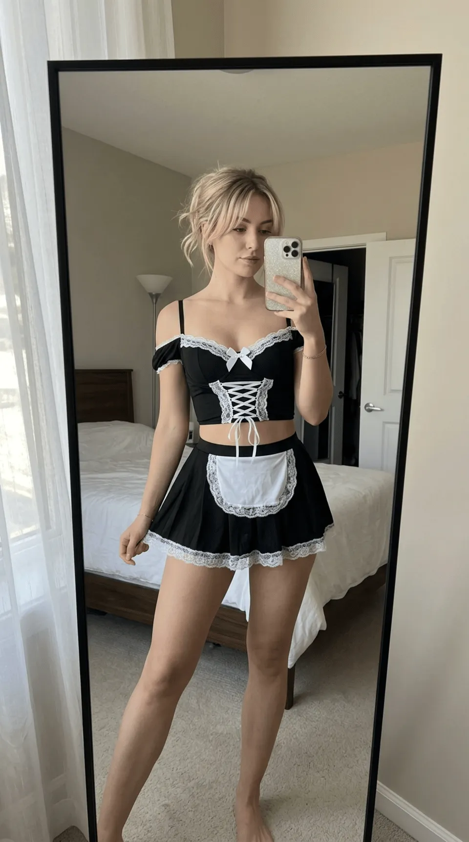Bedroom Mirror Selfie Maid Lingerie Calm Lighting