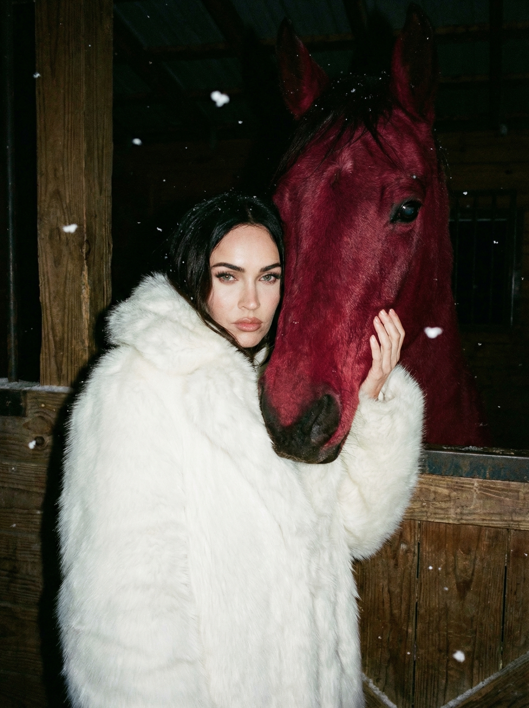 White Fur Coat Red Horse Stable Night Flash Snowflakes
