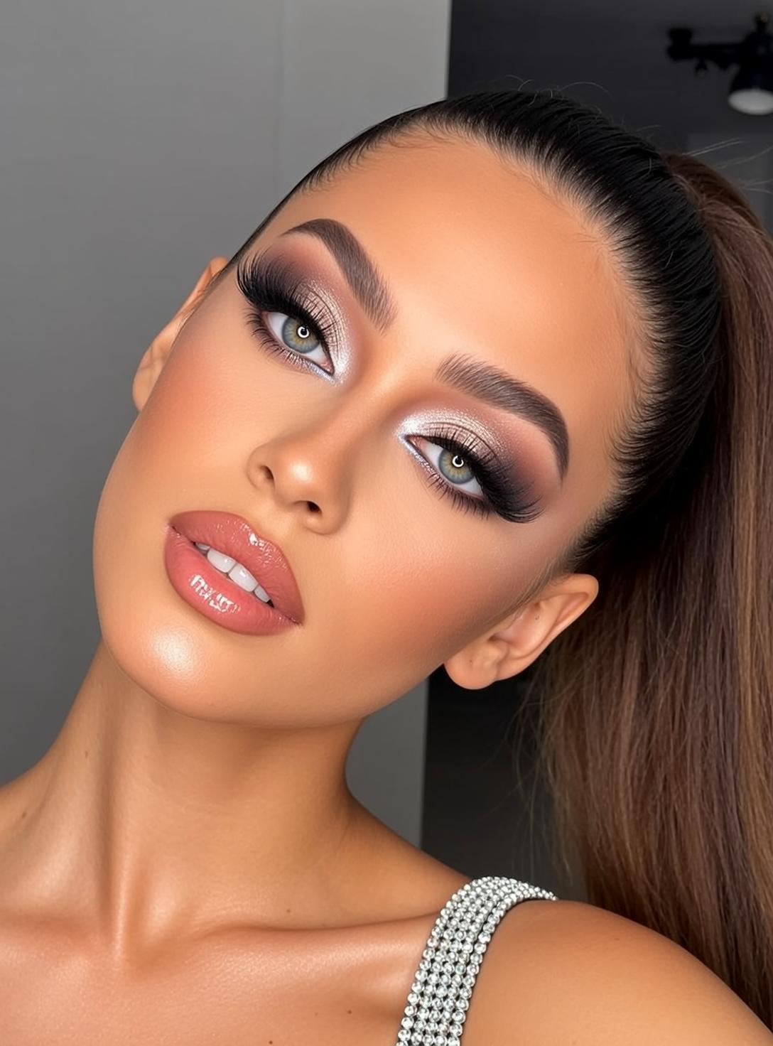 Makeup Posed Her Head Tilted Left Shoulders
