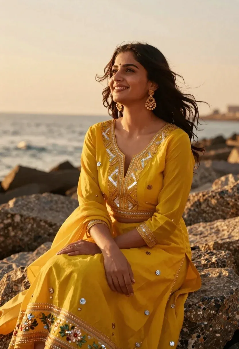 Woman Vibrant Yellow Traditional Outfit Sits Rocks The Sea With