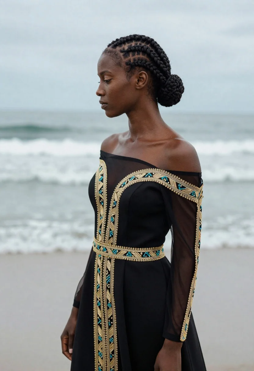 Woman Stands Profile Against Calm Ocean Backdrop Subject Woman With