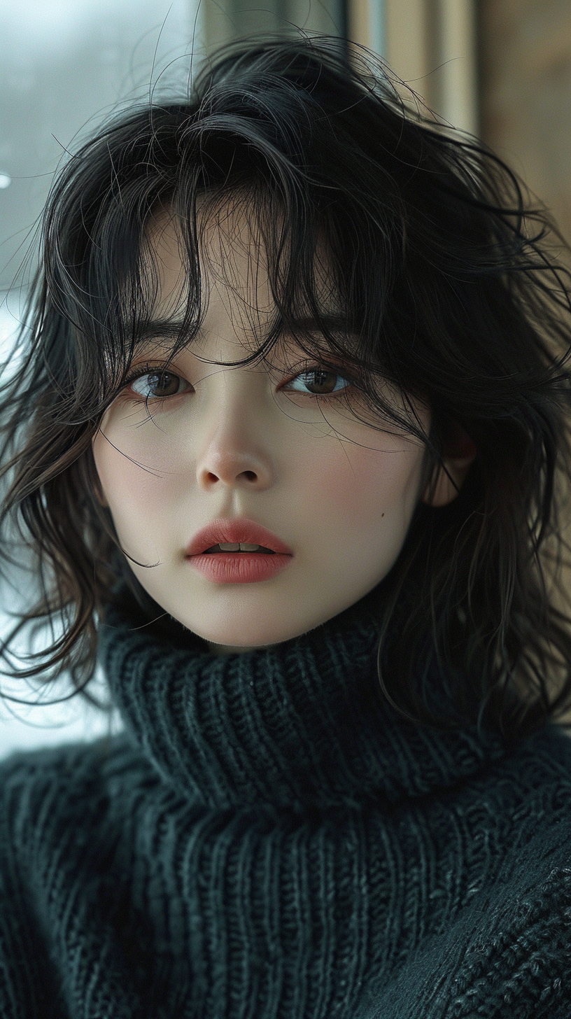 A beautiful woman portrait with rich textures and layered dark tones, illuminated by natural light.