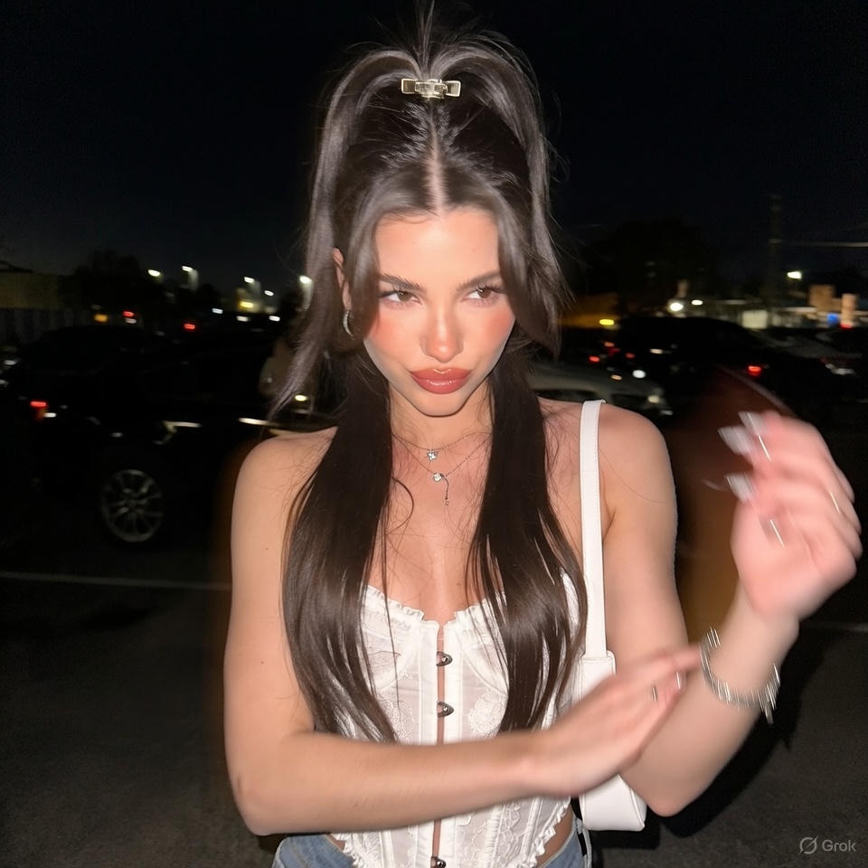 A woman in a strapless white lace corset and light denim jeans posing in a party parking lot at night, blocking the camera view.