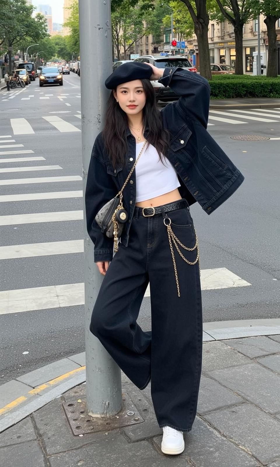 Beret Denim Jacket Crosswalk Look