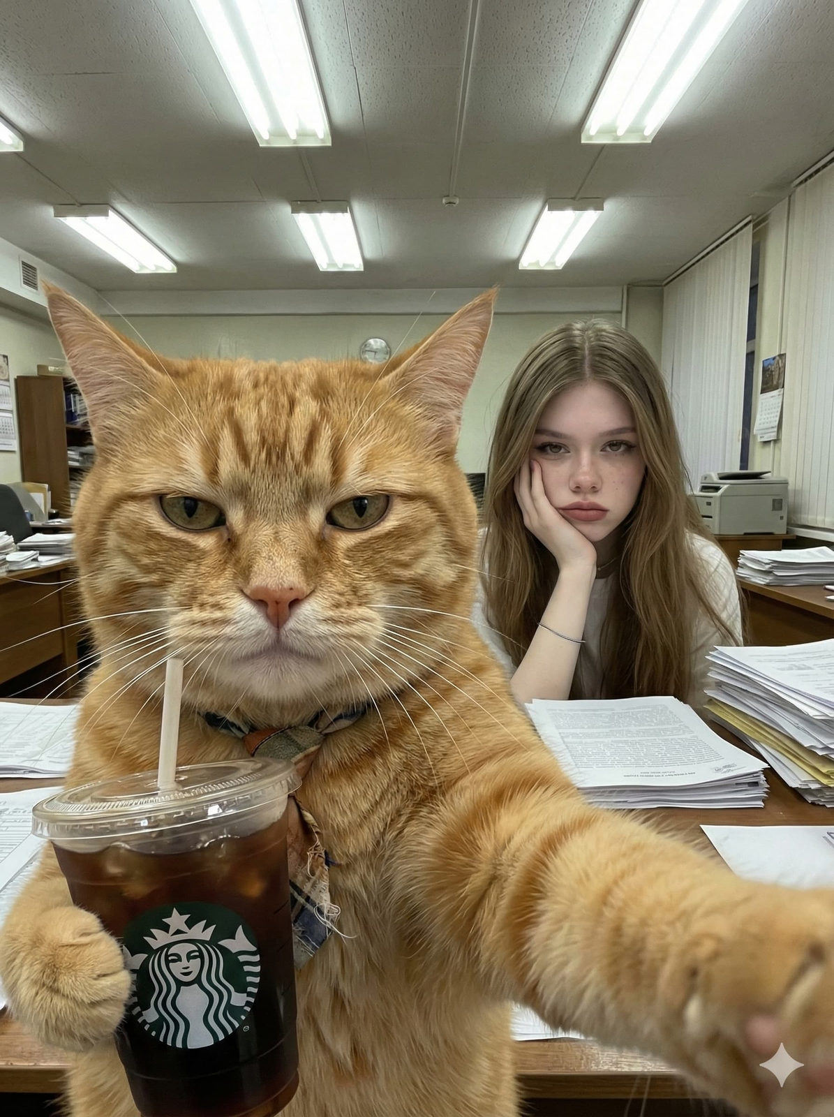 A grumpy orange cat takes a selfie while drinking iced coffee from a Starbucks cup, showcasing tired expression.