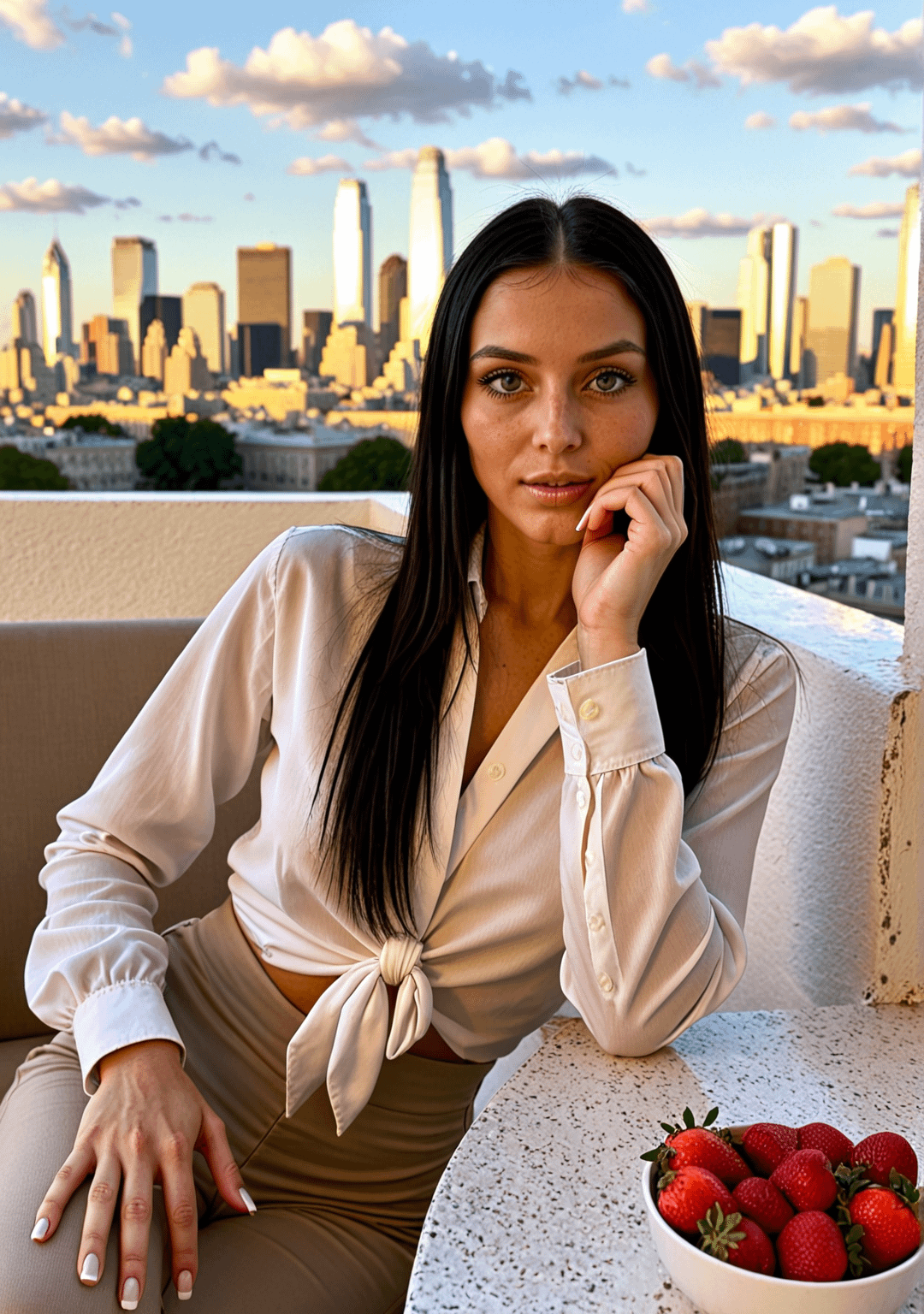 Rooftop Terrace Golden Hour City Skyline Strawberries