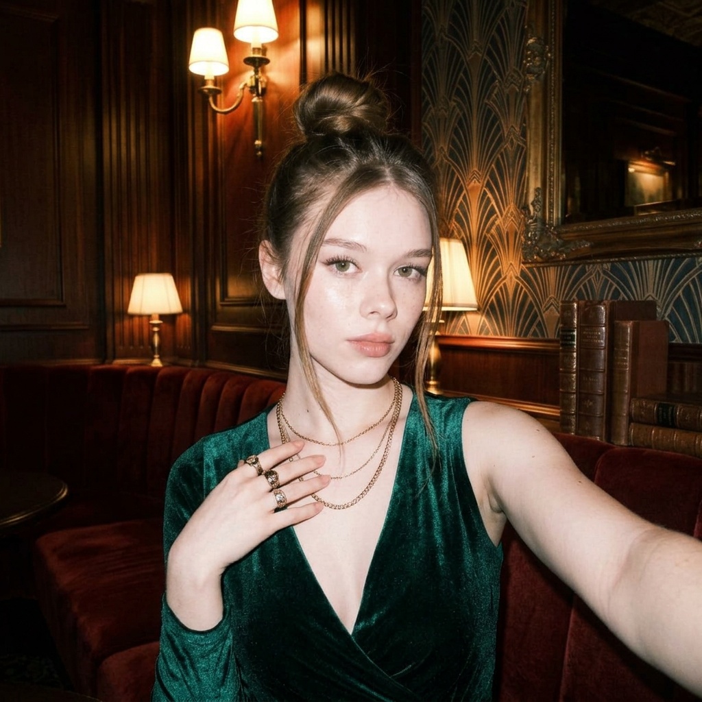 woman in a glossy wet-look fashion portrait in a moody velvet lounge.