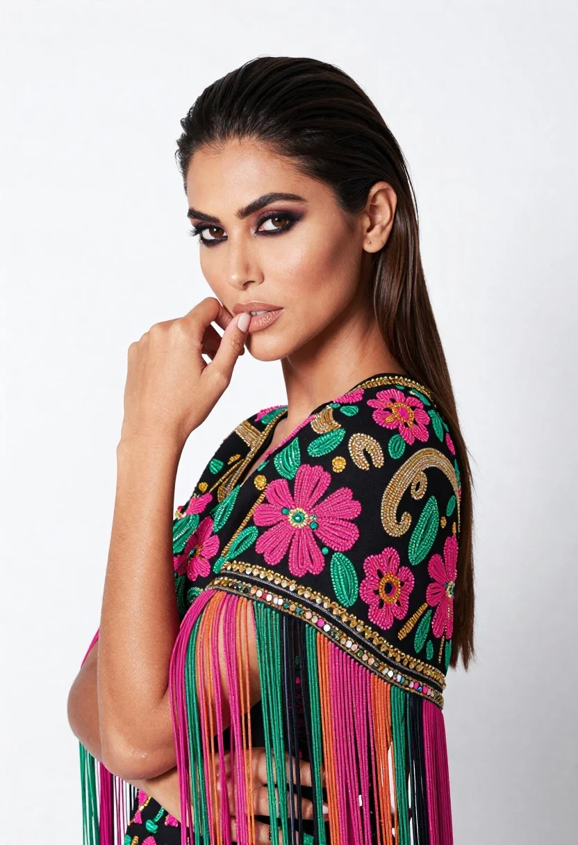 Confident Woman With Dark Hair Pulled Back Poses Against Stark reference photo