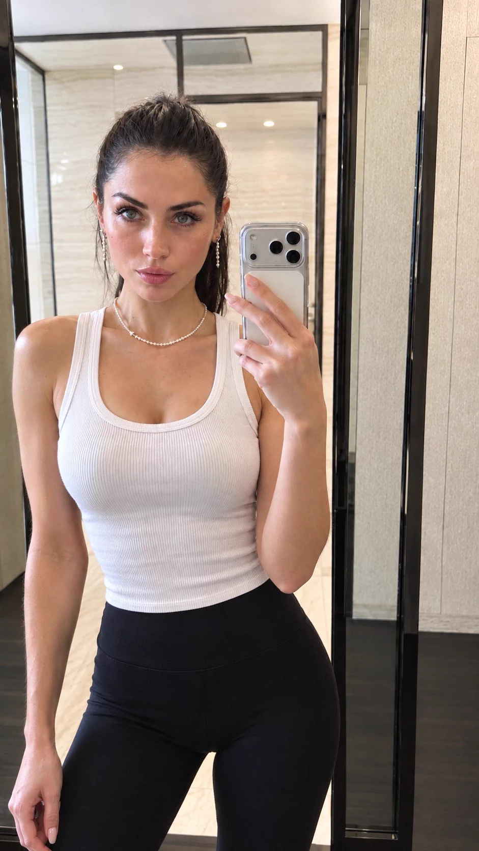 Mirror Selfie Beautiful Woman Modern Luxury Bathroom – Prompt:
Photorealistic high-quality mirror selfie of a beautiful