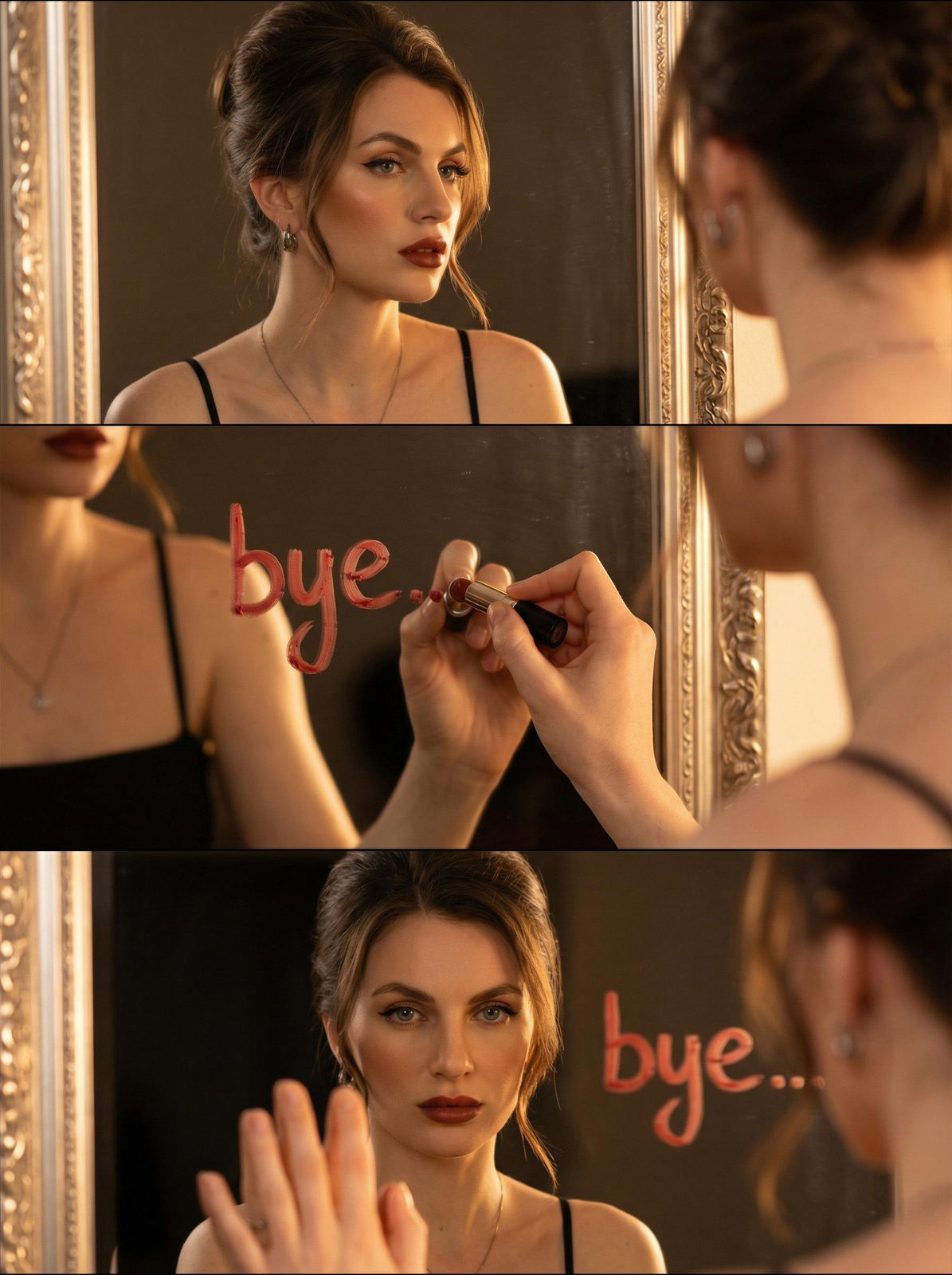 A triptych featuring a woman gazing at her reflection in a mirror, showcasing soft shadows and warm lighting.