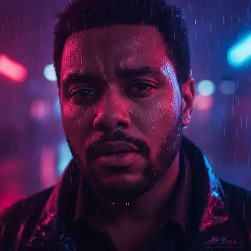 Cinematic Photorealistic Close-up Portrait Man The Rain Night Neon Lights