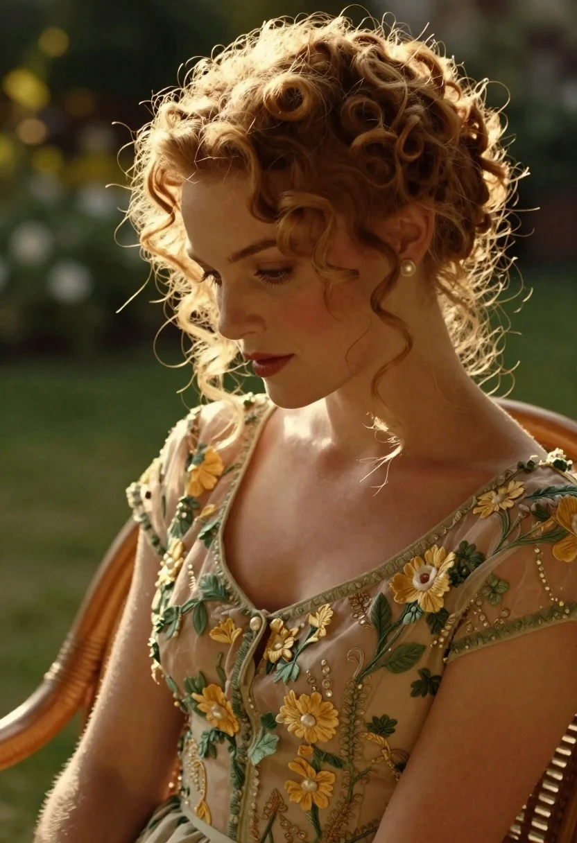 Woman With Curly Reddish-blonde Hair Styled Updo Sits Wicker Chair reference photo