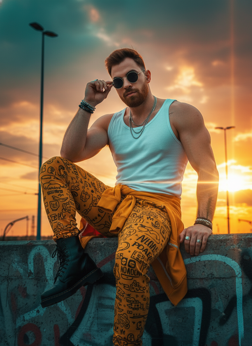 Cinematic portrait of a muscular man with red hair and beard, relaxed atop a graffiti-covered wall at sunset with dramatic lighting.