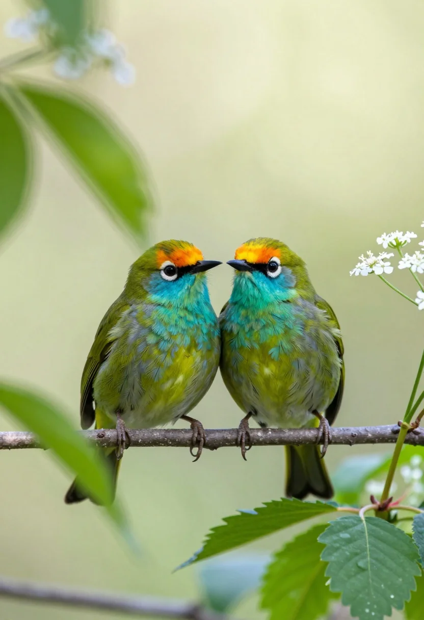 Two Vibrant Green Birds With Turquoise Throats And Orange-capped Heads