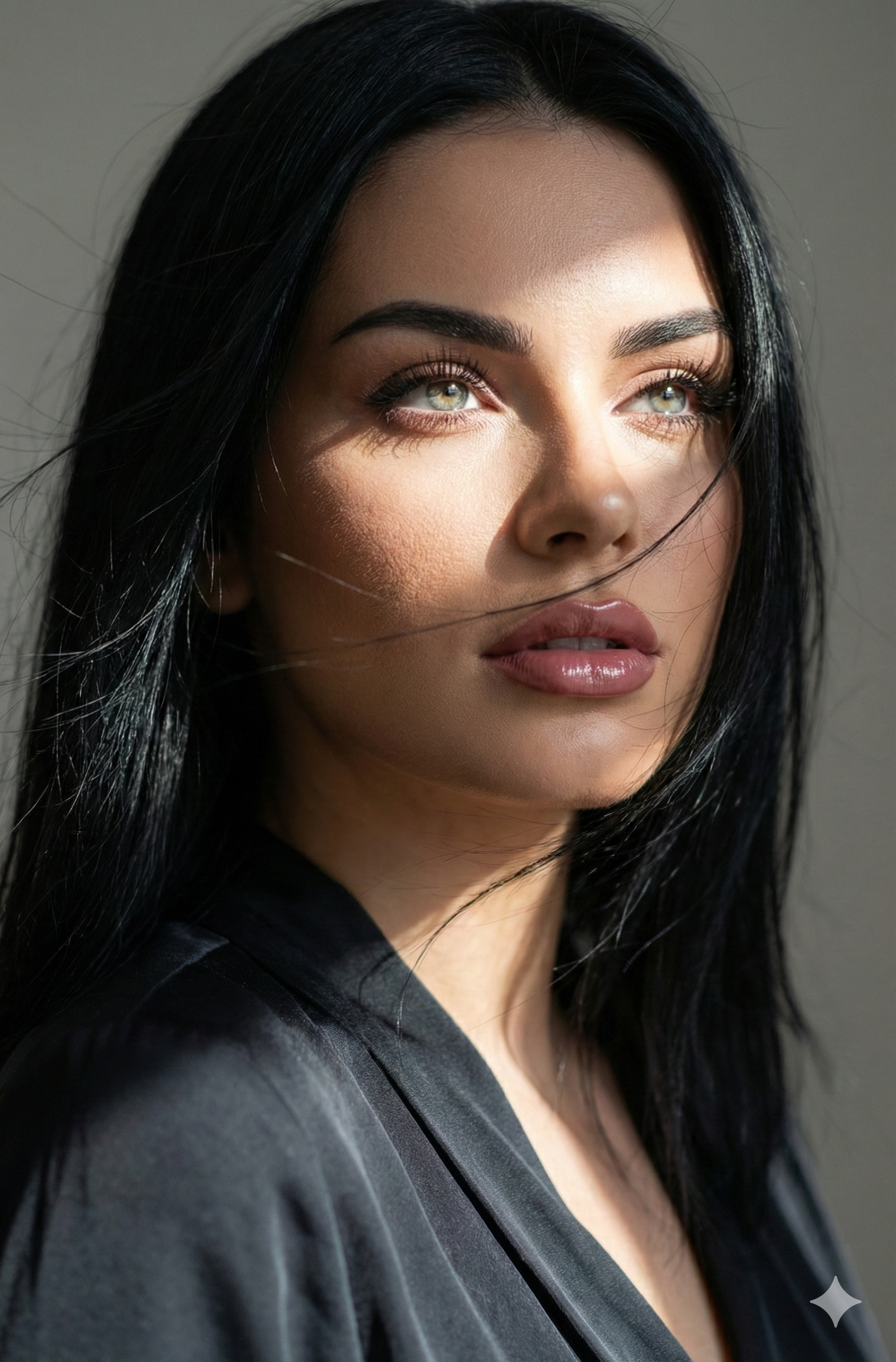 Cinematic close-up of a woman with wind-swept jet-black hair, light eyes catching natural light, and photorealistic skin texture.