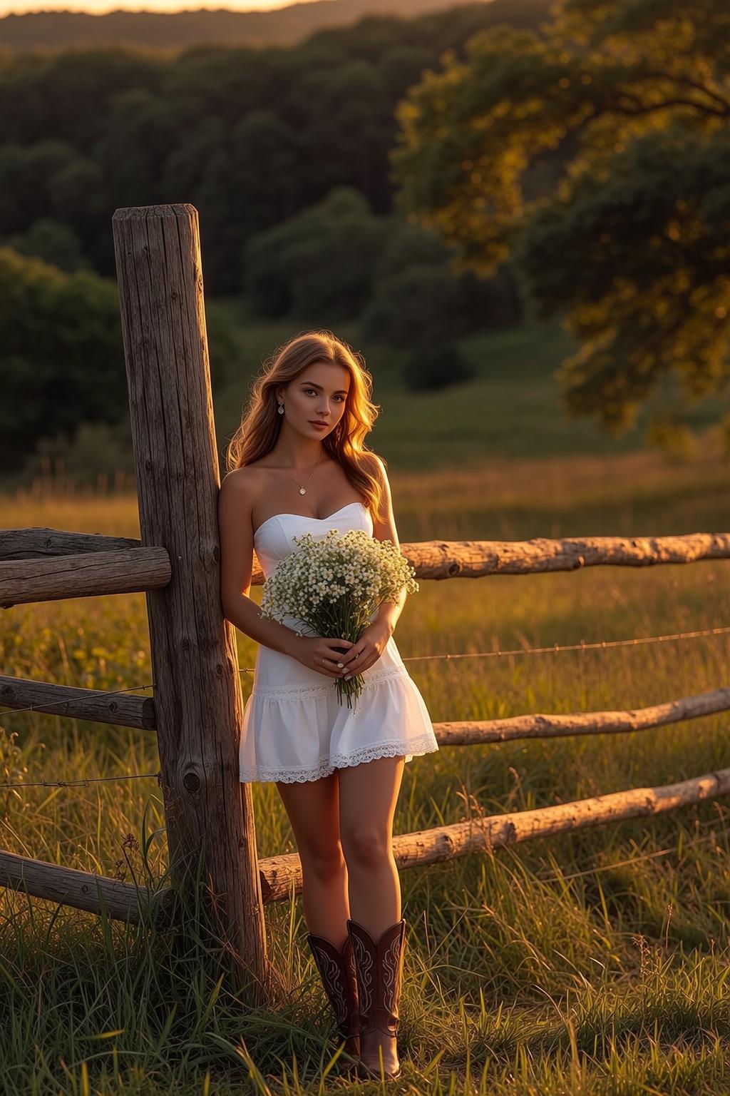 Cowgirl Stands Leaning Against Weathered Wooden Fence