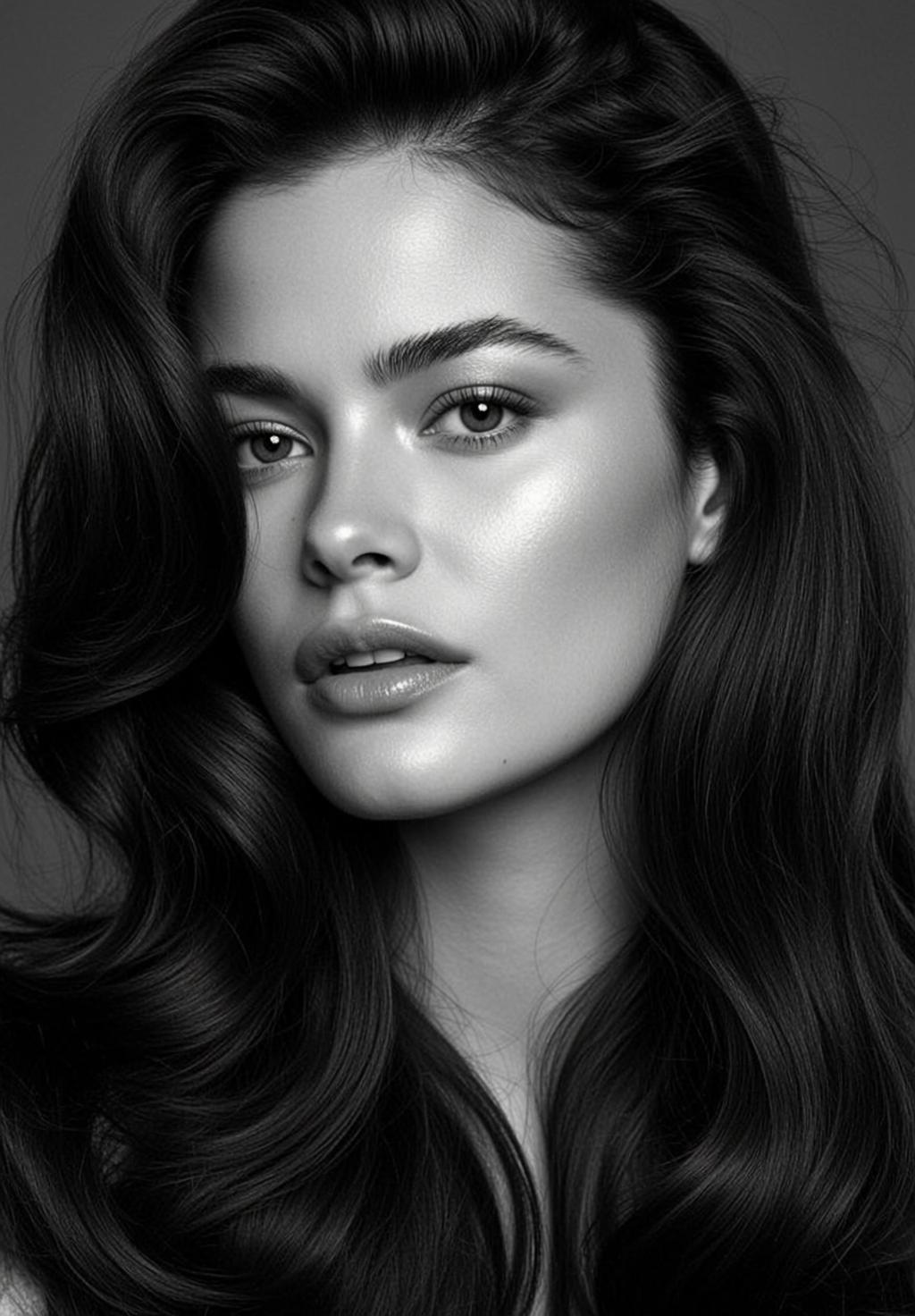 Photorealistic Black And White Head And Shoulders Portrait Young Woman