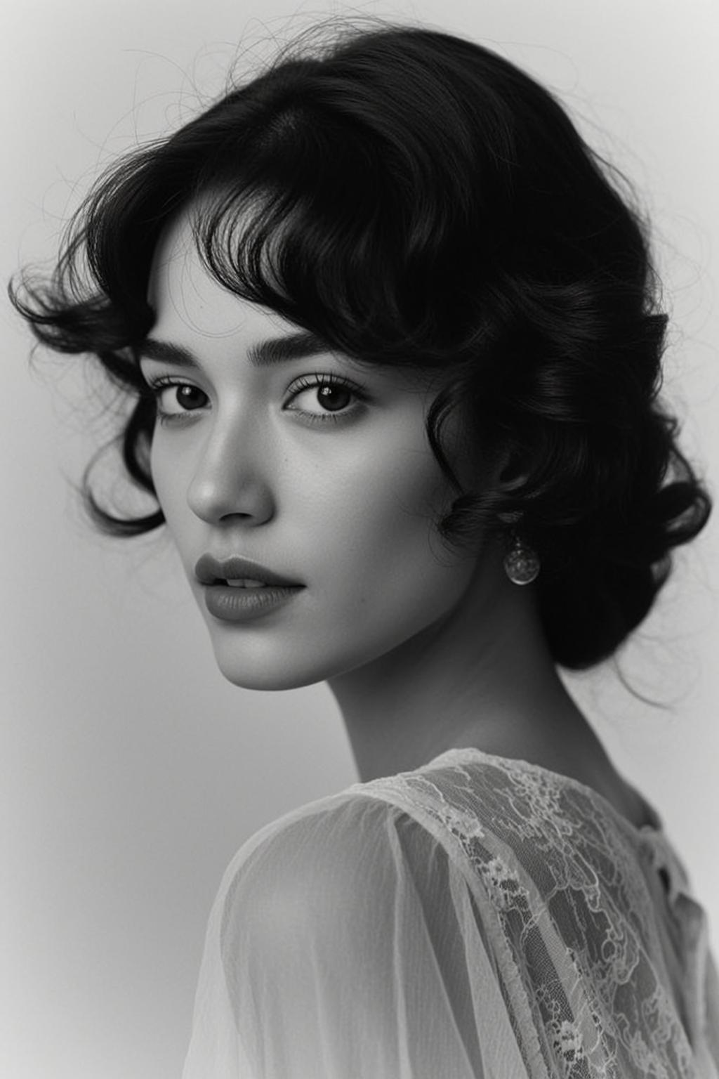 Photorealistic Black And White Medium Close-up Portrait Young Woman With