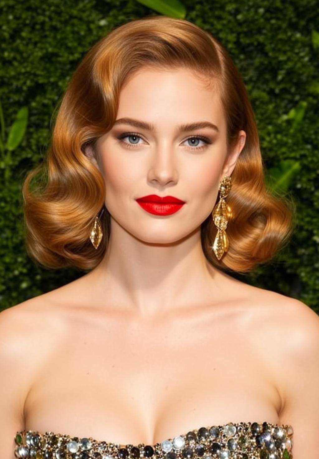 Vintage Glamour Auburn Hair Strapless Gown