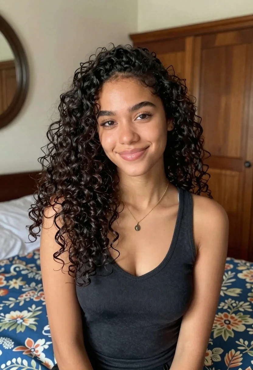 Portrait Young Woman With Voluminous Dark Curly Hair And Warm reference photo
