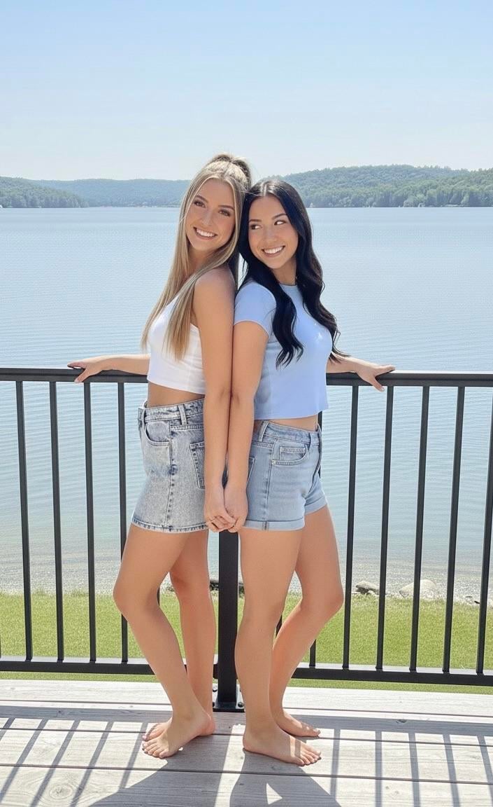 Two Women On Deck Lake View Smiling Barefoot