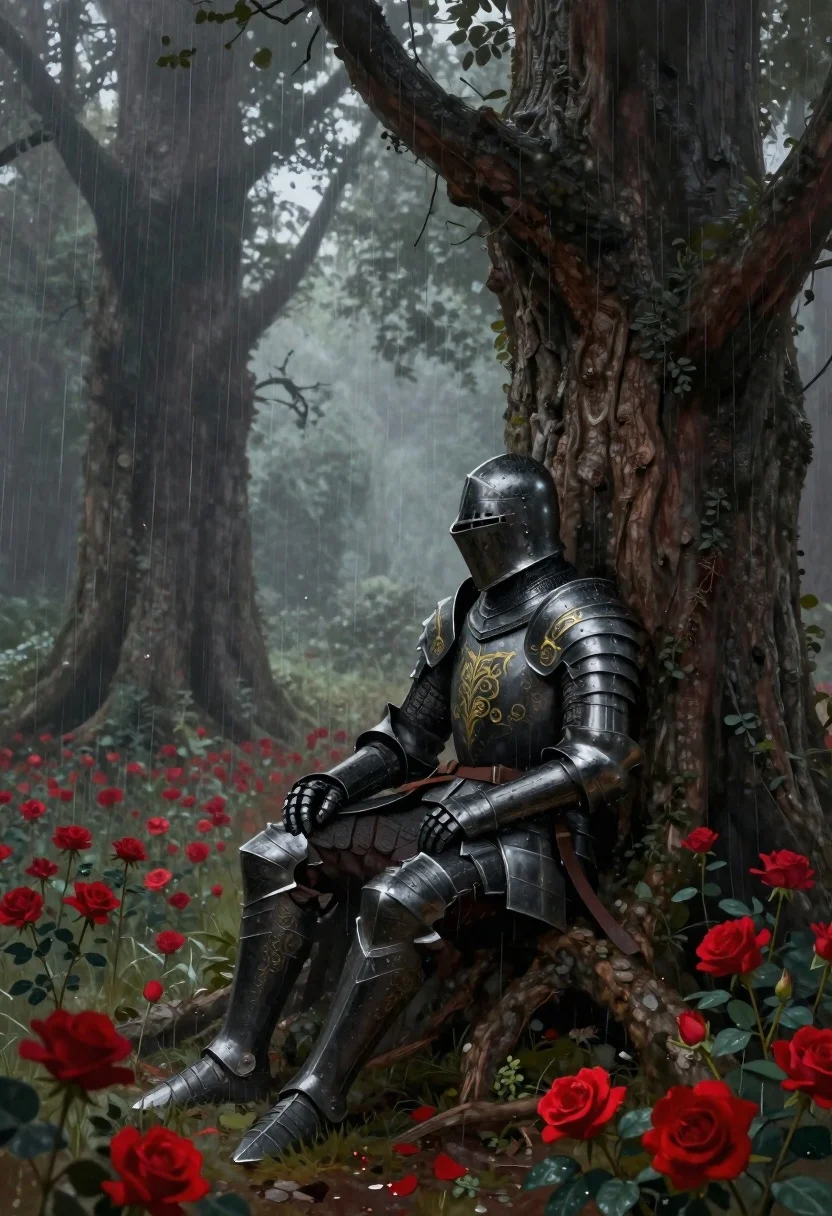 Digital Painting Lone Figure Dark Armor Sitting Against Massive Tree reference photo