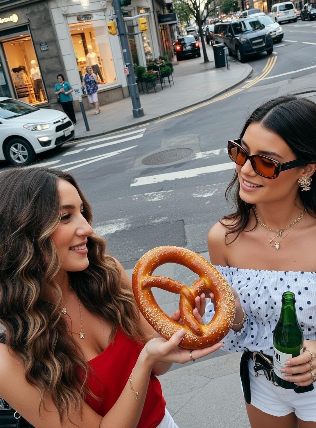 Explore Left Holding Large Golden-brown Pretzel Sesame