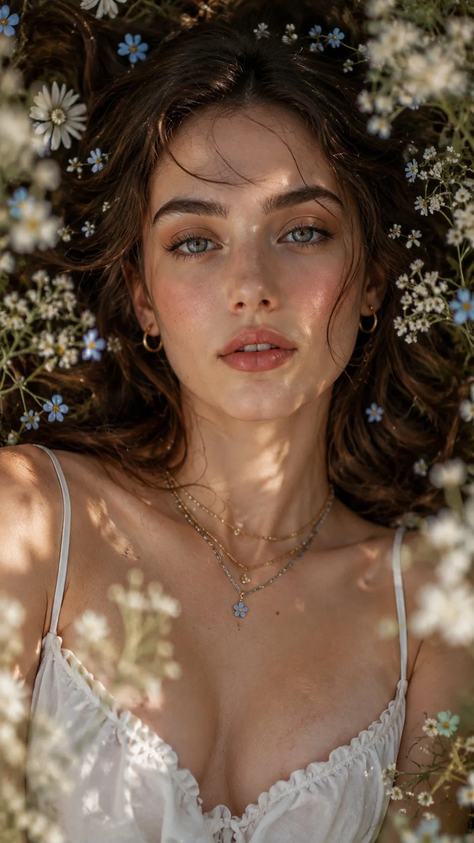 Dreamy Beauty Portrait Woman Among Flowers Overhead Shot