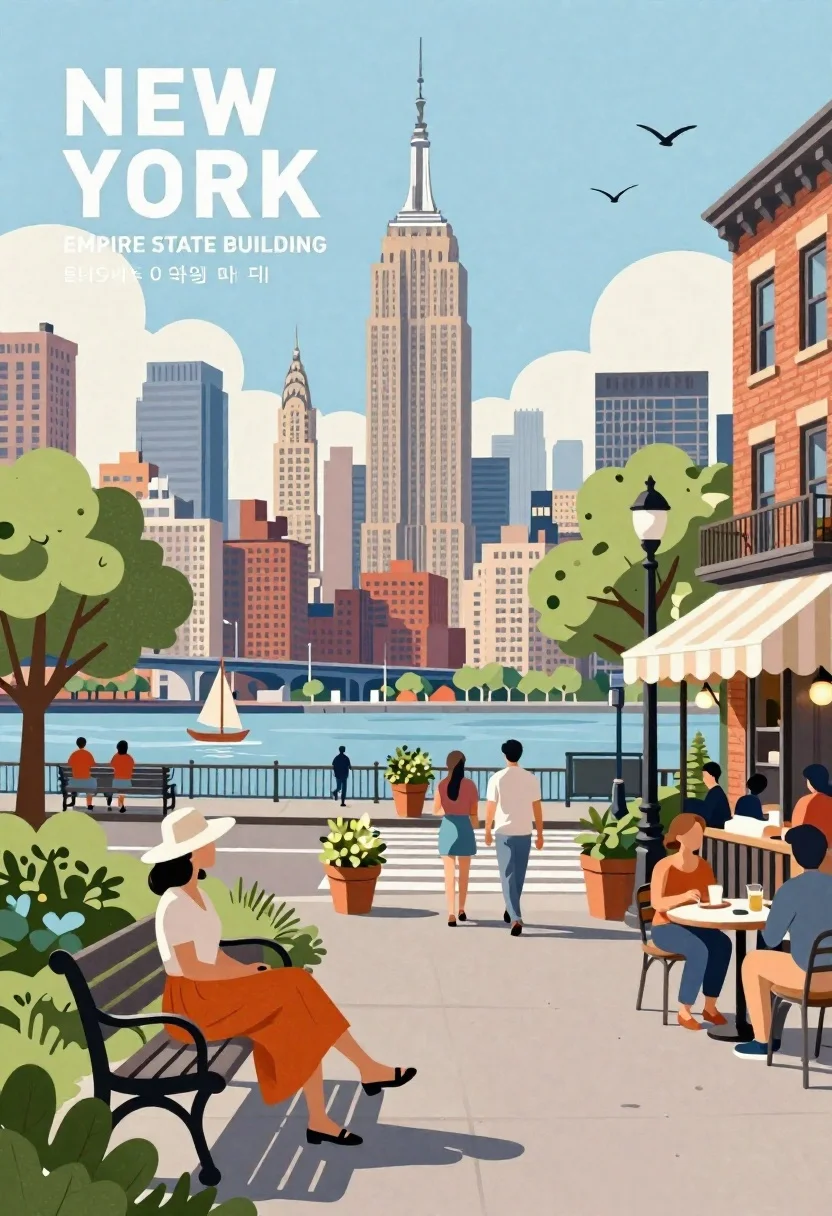 A woman in a white top and orange skirt sits on a park bench, with the Empire State Building visible against a soft blue sky.
