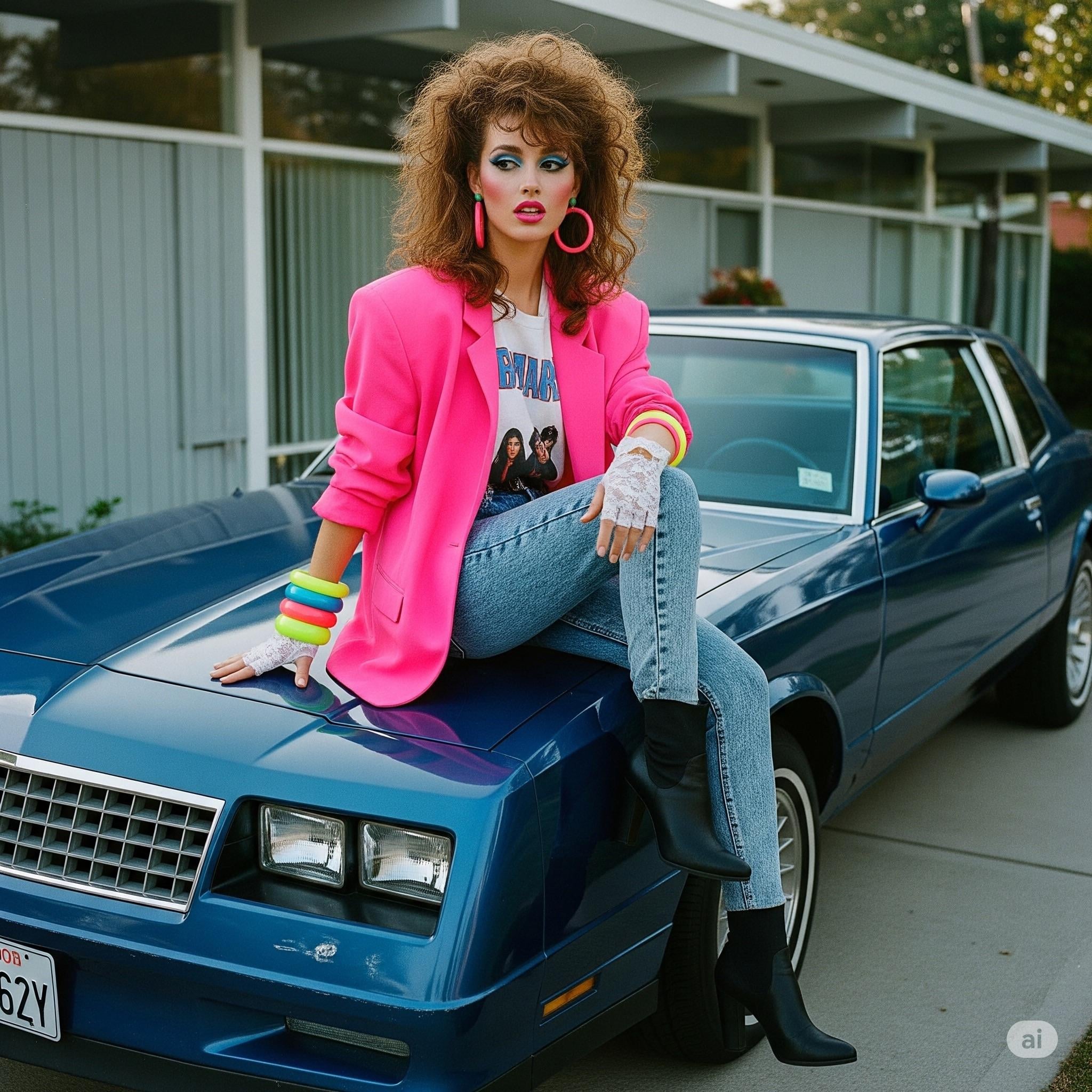 Bright Neon Pink Blazer Over White Graphic In Hood Dark