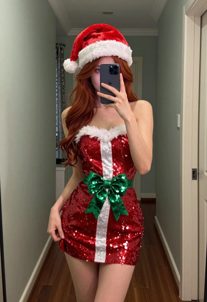 Young Woman With Long Wavy Red Hair Stands Hallway Taking