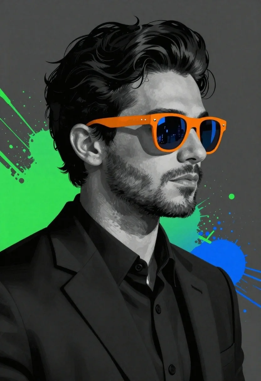 Stylized Portrait Man Profile Wearing Orange Sunglasses That Reflect Futuristic