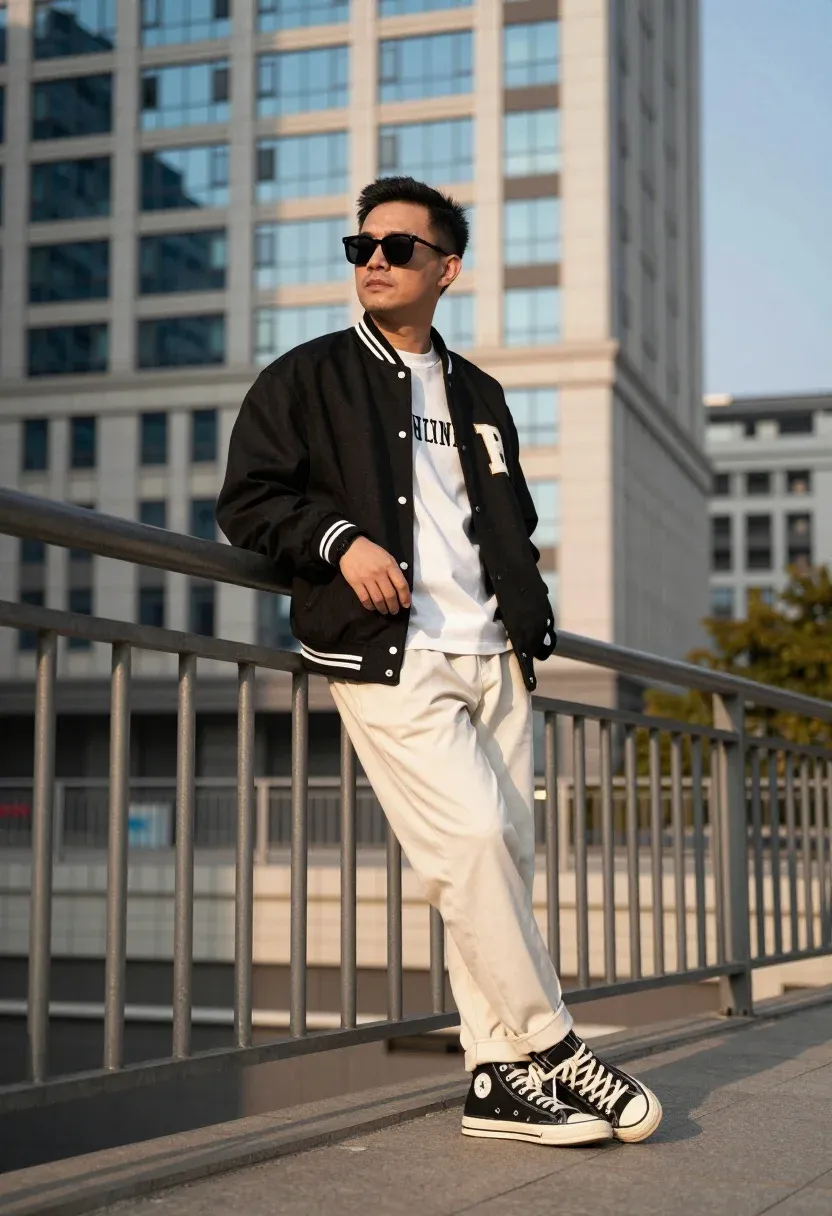 Man Leans Casually Against Metal Railing Urban Outdoor Setting With