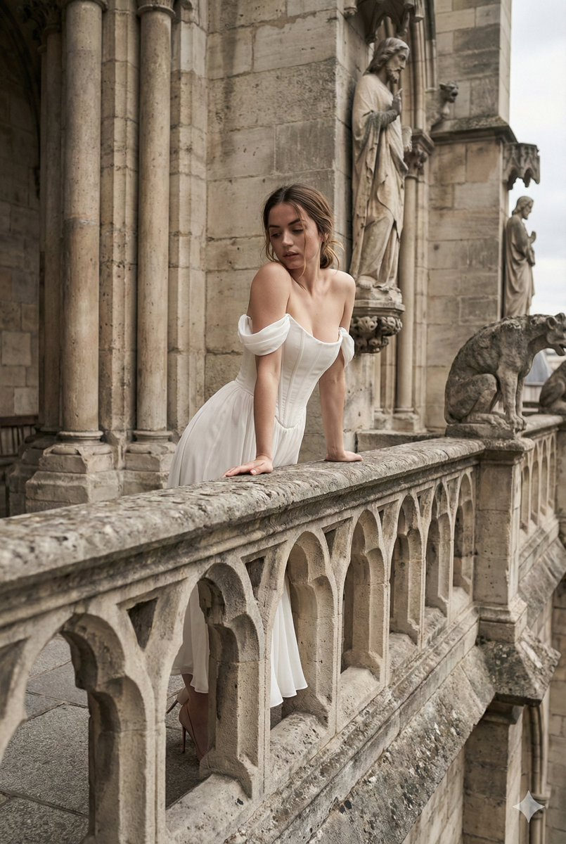 A model in a white corset-style gown leans gracefully against a weathered stone balustrade with intricate gothic details.