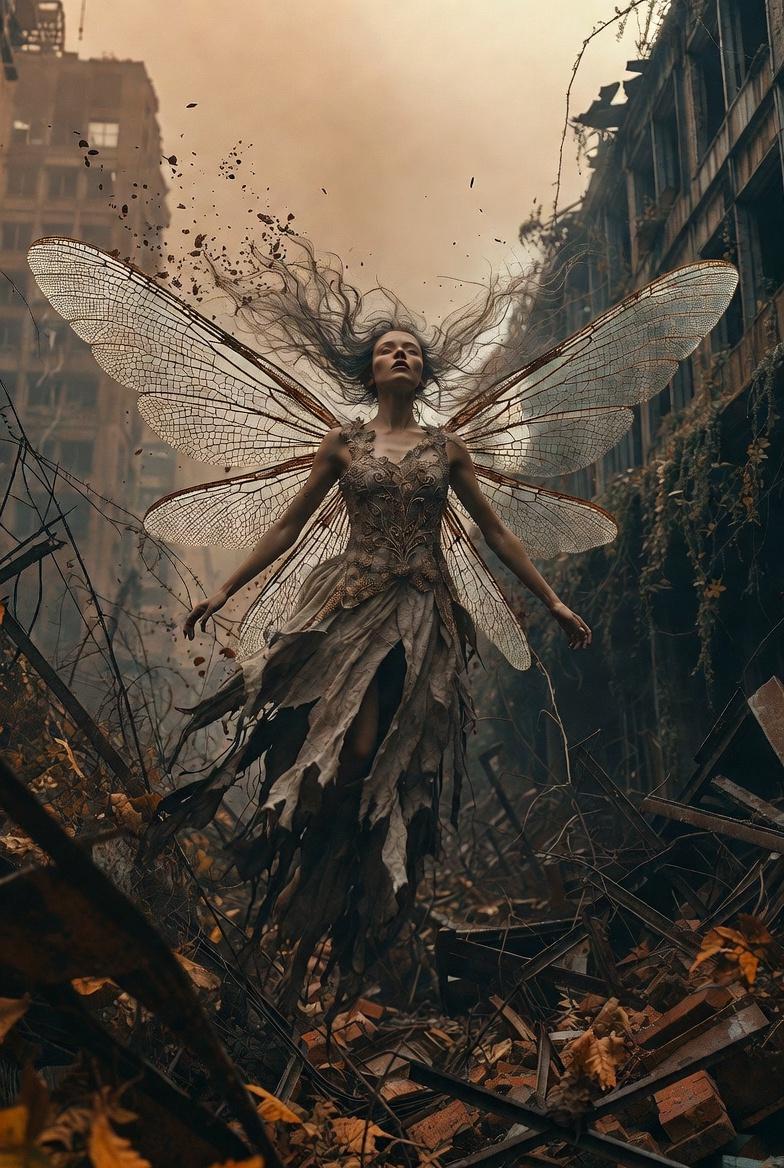 Ethereal Winged Figure In Ruined City Street