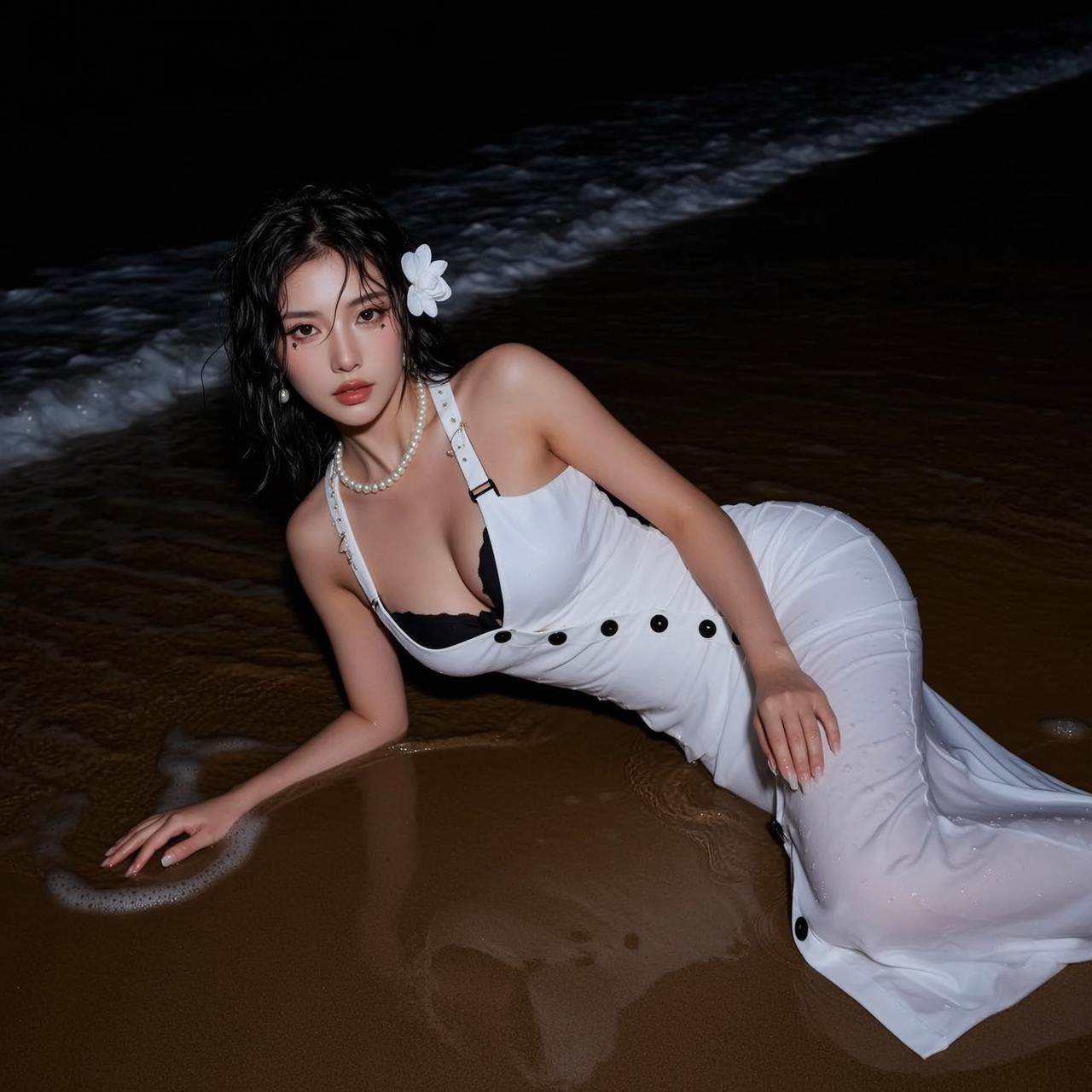 Night Beach Pearl Necklace Look