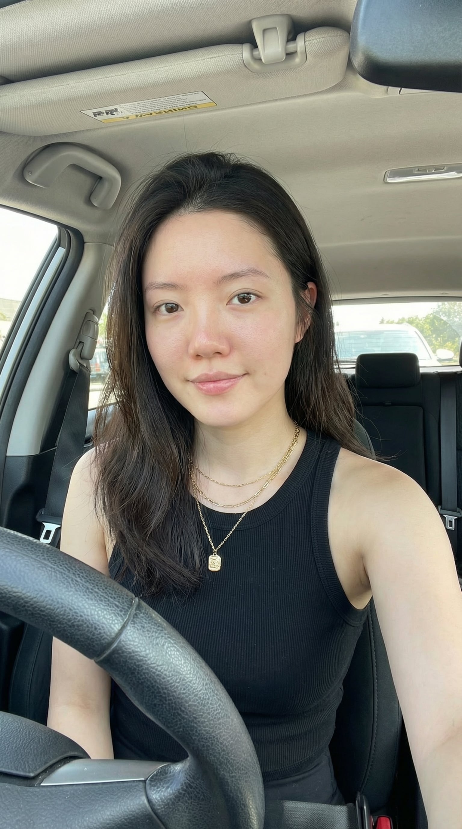 Selfie In Car Driver Seat Black Tank Top Gold Necklace