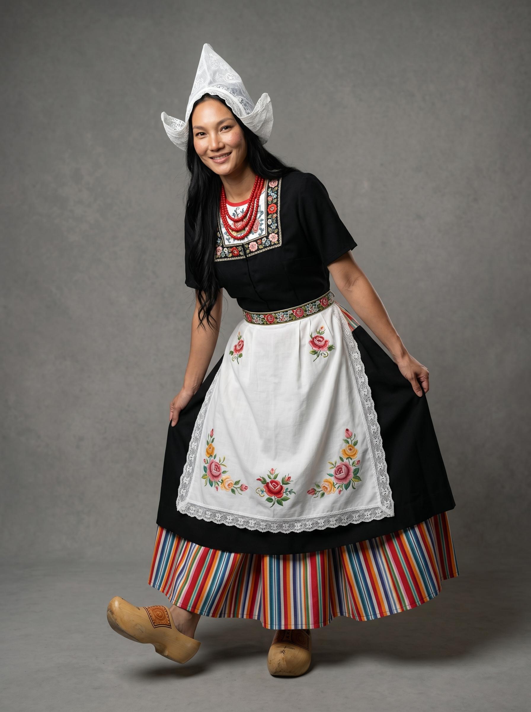 Dutch Folk Attire Studio Portrait With Wooden Clogs