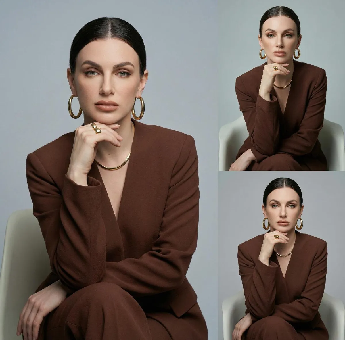 Realistic Studio Portrait Brown Suit Gold Jewelry