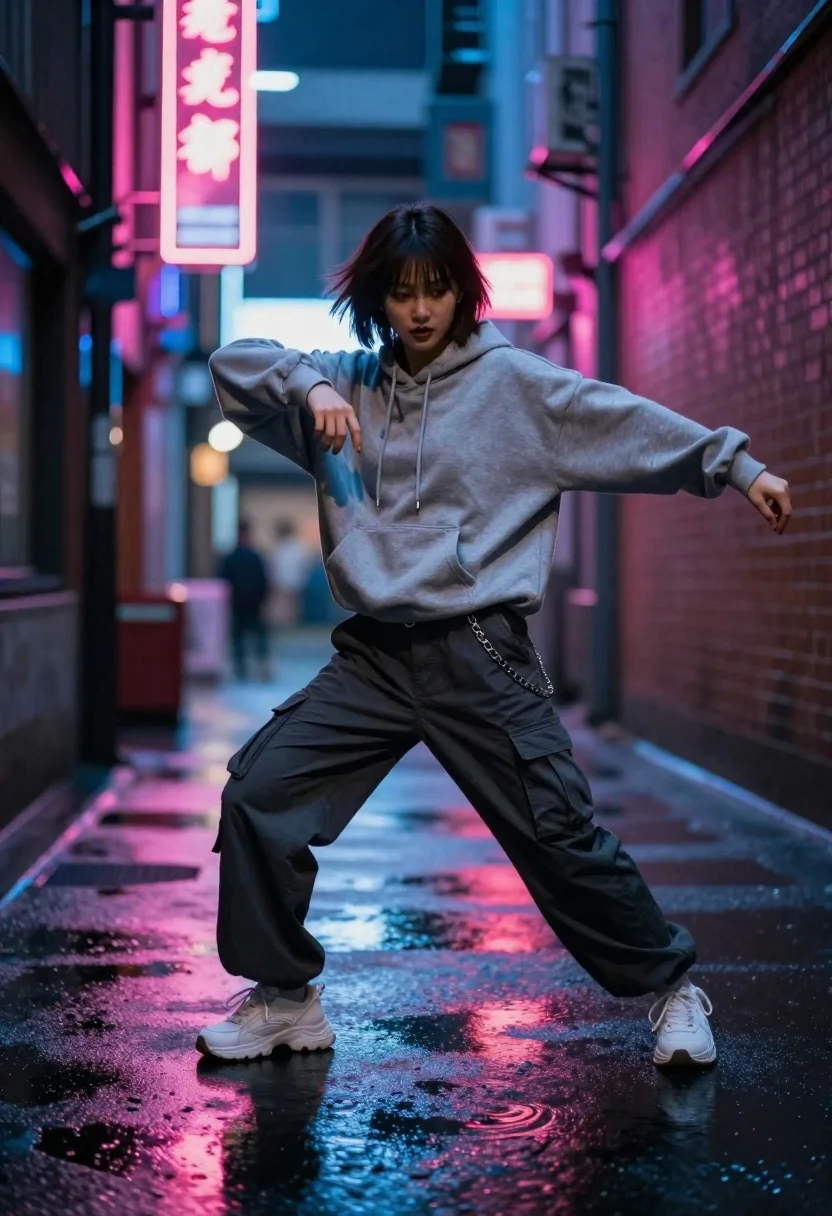 Young Woman With Short Dark Hair Stands Dynamic Dance Pose