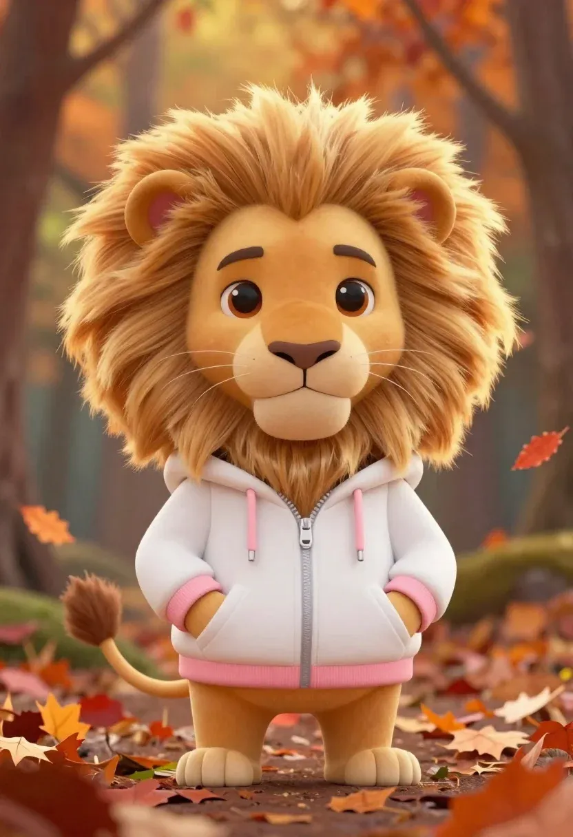 Cute Chibi-style Anthropomorphic Lion Standing Confidently Soft-focus Forest Setting Subject