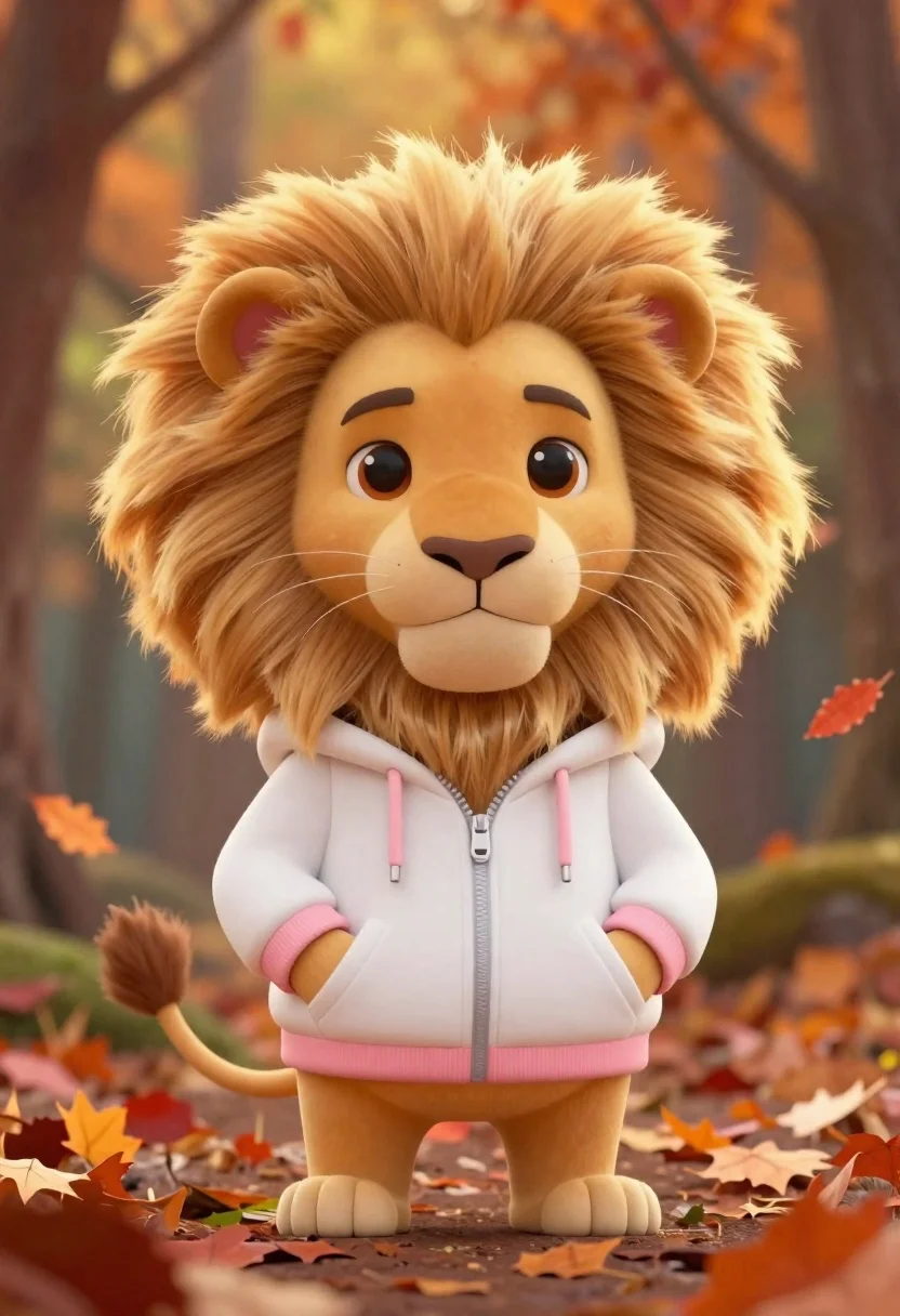 Cute Chibi-style Anthropomorphic Lion Standing Confidently Soft-focus Forest Setting Subject reference photo