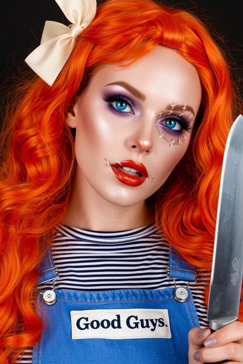 Halloween Makeup Doll-like Bright Orange Wavy Long